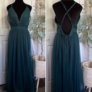 Lulu's Green Formal Dress Women 1X Crossback Vneck Tulle Maxi Sleeveless
